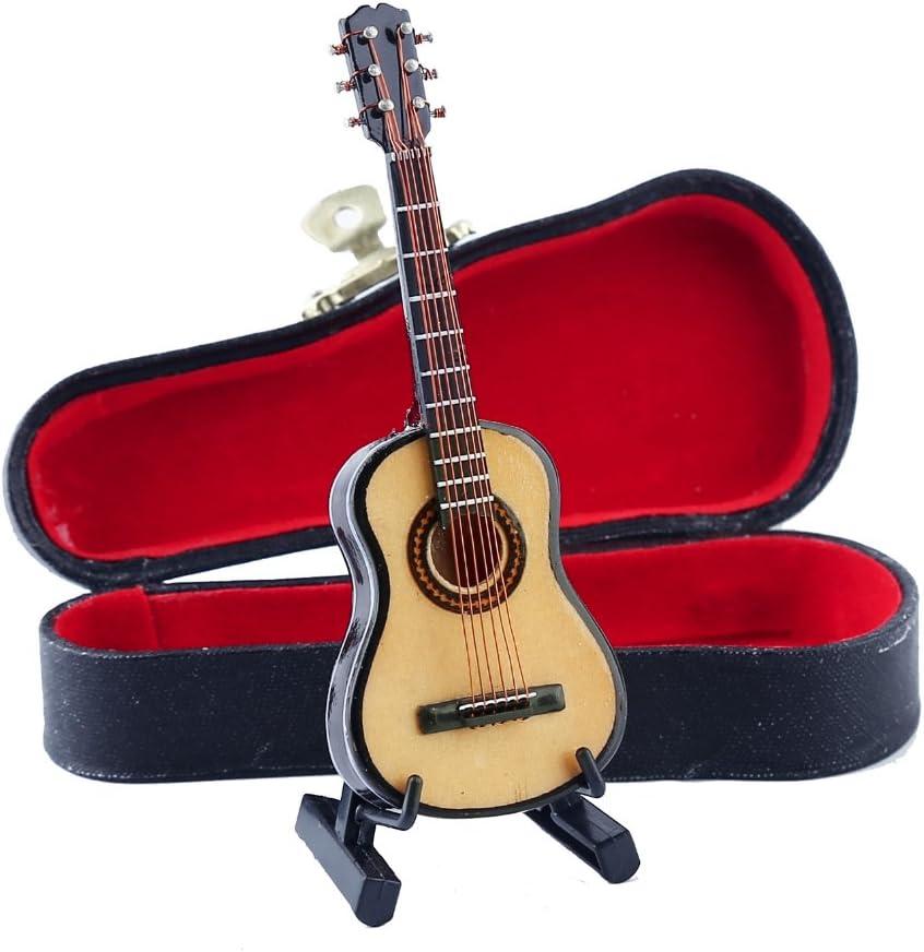 Wooden Miniature Guitar with Stand and Case Mini Musical Instrument Guitar Replica Collectible Figurines Dollhouse Accessories Model Home Decoration Display Ornament (3.94"x1.42"x0.59")