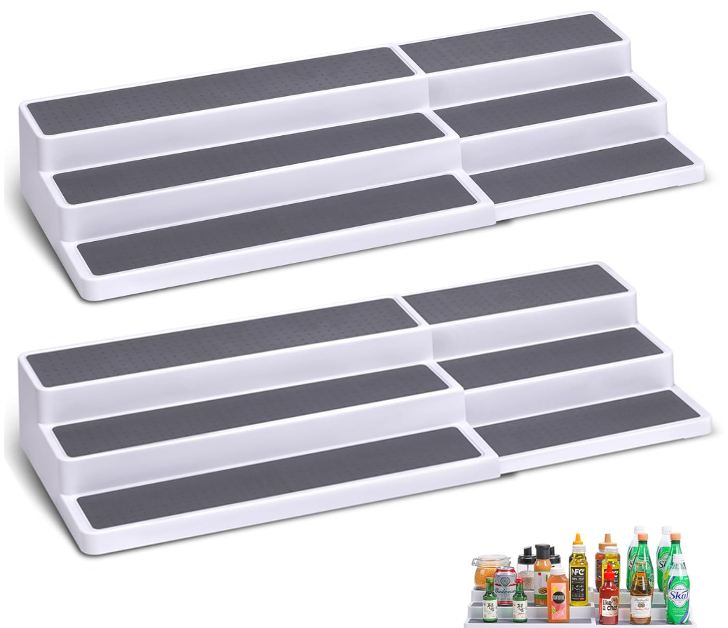 CiWiVOKi 3 Tier Expandable Spice Rack Organizer, White/Grey Plastic Spice Rack, Adjustable Length 14.6In25.8In, 2 Pack NonSkid Tiered Spice Shelf Organizer for Kitchen Cabinet, Cupboard, Pantry