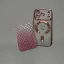 Bonoma Compatible with iPhone 17 Pro Case 2025 Support for MagSafe, Plating Heart Glitter Magnetic Checkered Case TPU Camera Protection Back Cover for Girls Women -Pink