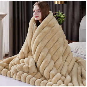 Fluffy Faux Fur Throw Blanket Queen Size, Thick 1000GSM Soft Cozy Throw Blankets for Bed, Plush Striped Warm Fuzzy Blanket for Couch LivingRoom Home Decor & Gifts(80"x 90", ivory)