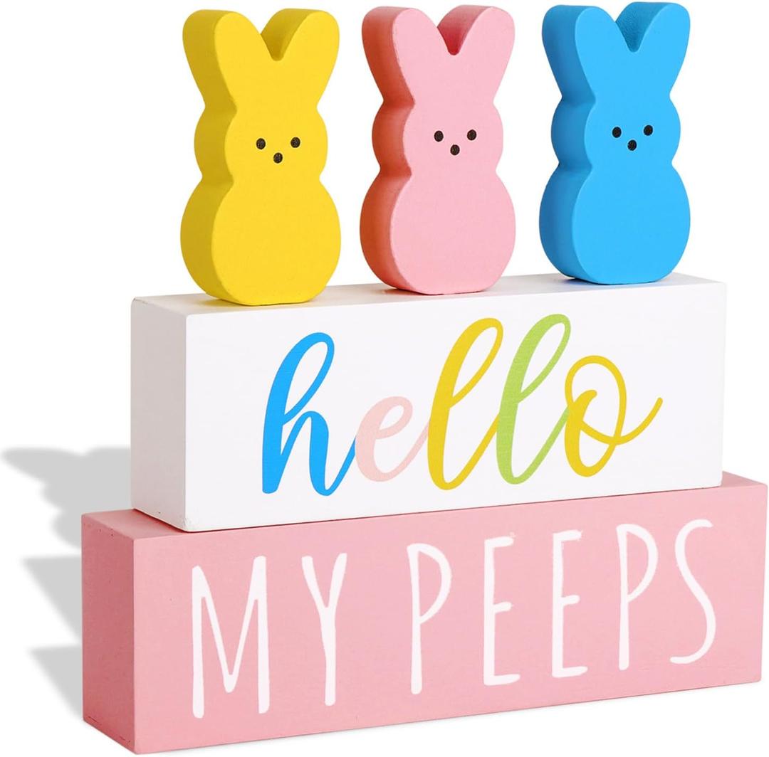Easter Decorations for The Home: 5 pcs Bunny Wooden Table Centerpiece Signs, Cute Easter Decor Peeps Rabbits Wooden Block Set Table Dcor Farmhouse Rustic Tiered Tray Dcor Gifts