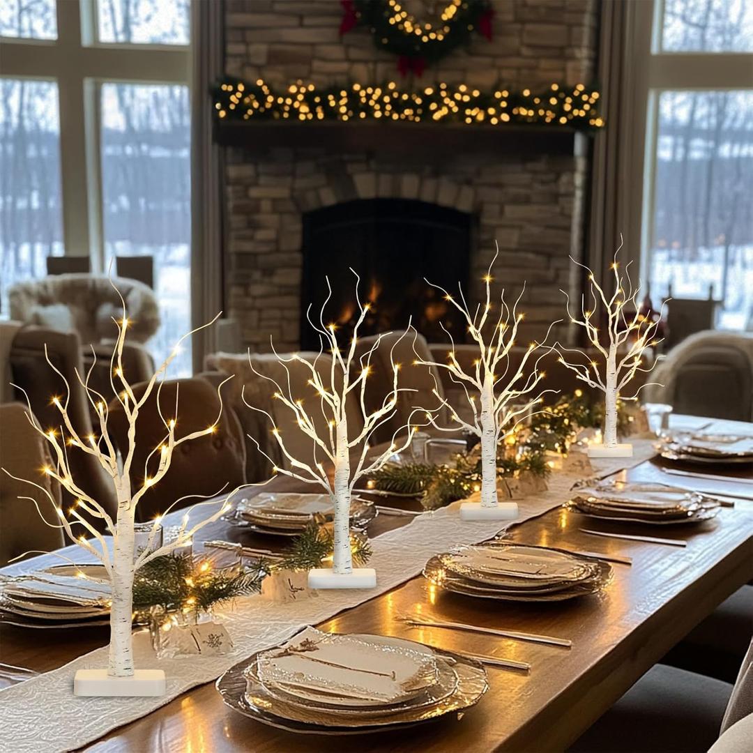 PABIPABI Lighted Birch Tree, Christmas Tree with 24 LED Lights, Tabletop Centerpiece Artificial Tree Lights with Timer for Home Office Bedroom Wedding - Set of 4 (1ft 10in (4 Pack))