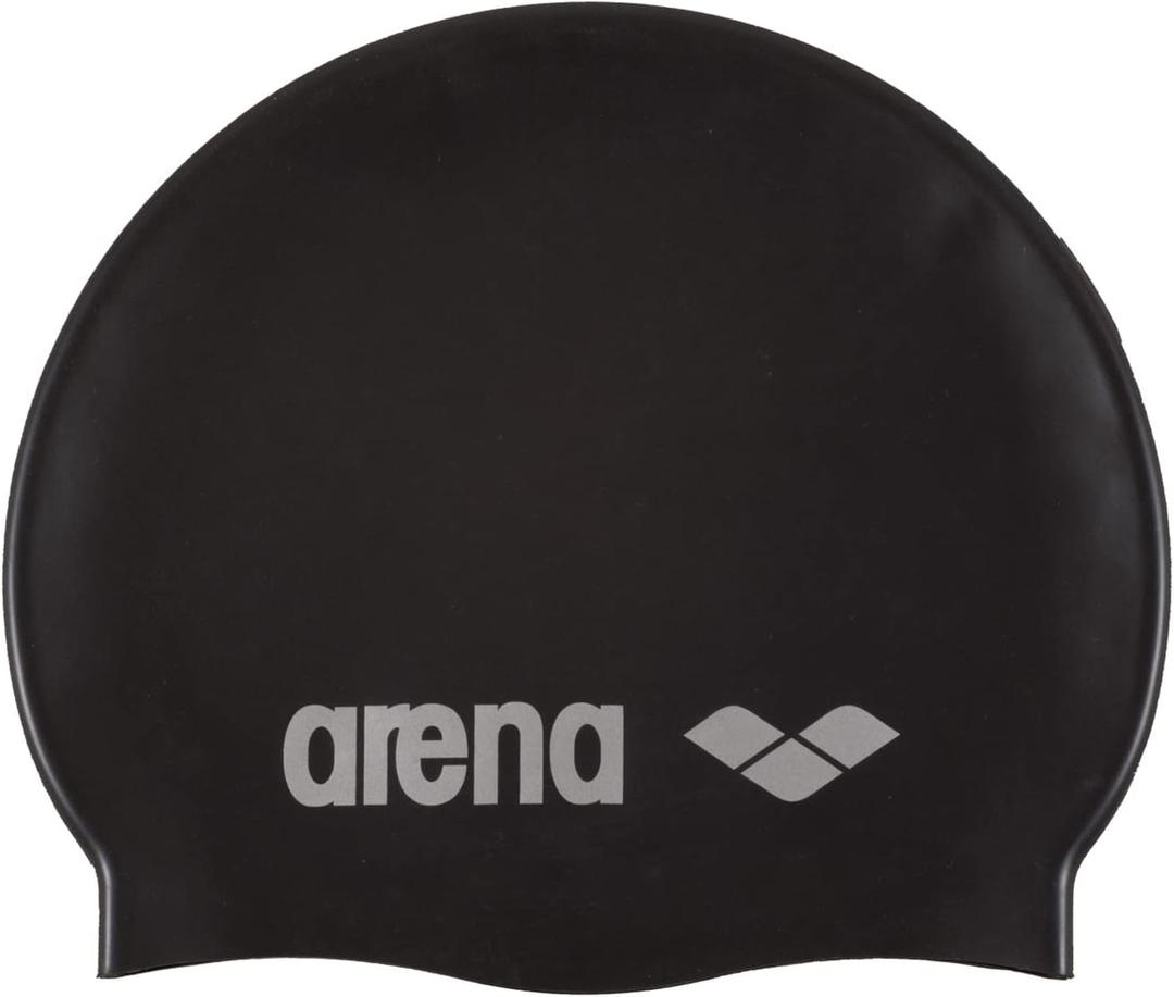 Arena Classic Unisex Soft Silicone Swim Cap for Women and Men, Intensive Training and Racing Comfortable Non-Slip Long Hair Swimming Hat, Black/ Silver, Size: One Size