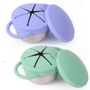 2 Pack Stainless Steel Spill Proof Snack Cup for Baby Toddlers Kids, with Silicone Food Catcher, Travel Lid, Spill-Proof Bowl Containers, Toddlers Essentials, Non Toxic BPA Free