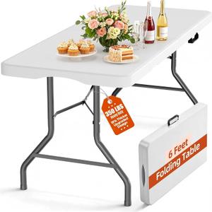 Folding Table 6FT 350 LBS Heavy Duty Foldable Table with 18% Thicker HDPE Waterproof Top, Portable Fold in Half with Handle, Reinforced Steel Frame for Indoor Outdoor Party Events