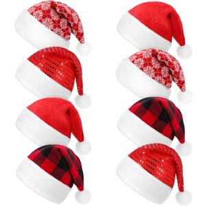 Civaner 8 Pieces Plush Christmas Santa Hats Bulk for Adults Buffalo Plaid Christmas Hats Xmas Snowflake Claus Caps for Unisex Adult Red White Black Color Caps Costume Party Supplies Party Favors