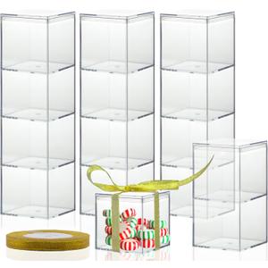 Clear Plastic Square Cube,15 Pack Small Acrylic Plastic Storage Box with Lids Transparent Clear Square Containers Display Boxes Gift Box with Glitter Ribbon for Candy Pill Jewelry Christmas (1.8