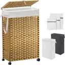 70L Slim Laundry Hamper with Lid & Wheels, Rolling Laundry Basket with 2 Removable Liner Bags & 3 Mesh Bags, Narrow Dirty Clothes Basket, Foldable Handwoven Rattan Laundry Sorter, Natural