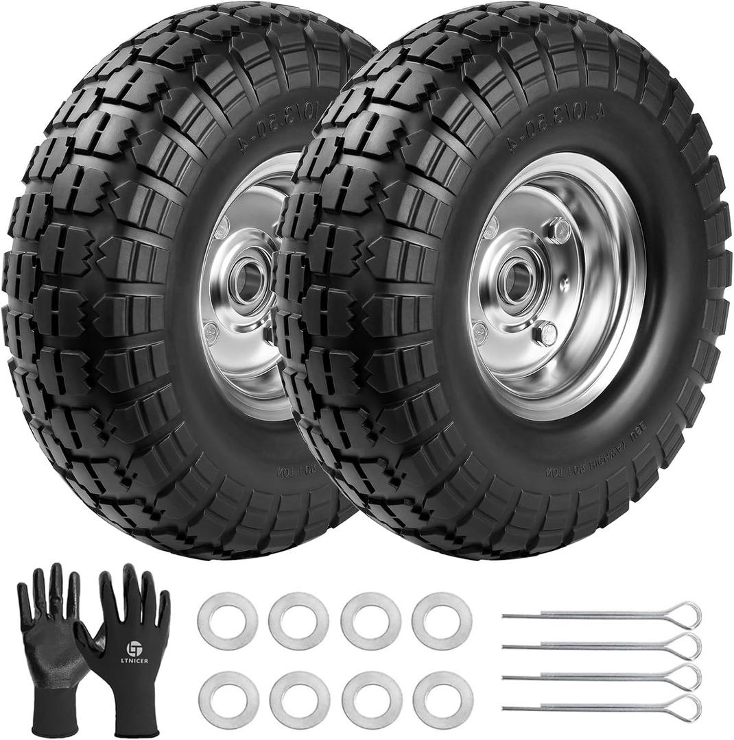4.10/3.50-4 Tire Wheels Flat Free 10" Heavy Duty Solid Flat-Free Replacement Tire with 5/8 Axle Compatible with Gorilla Carts, Wheelbarrow, Dolly, Hand Truck (2-Pack)