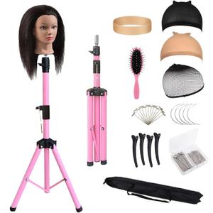 Reinforced Wig Stand Tripod 59" Heavy Duty Adjustable Mannequin Head Stand Tripod for Styling Cosmetology Hairdressing Training, Pink Wig Head Stand Sets with Wig Caps,Comb,Hair Clips, T-Pins, Headband