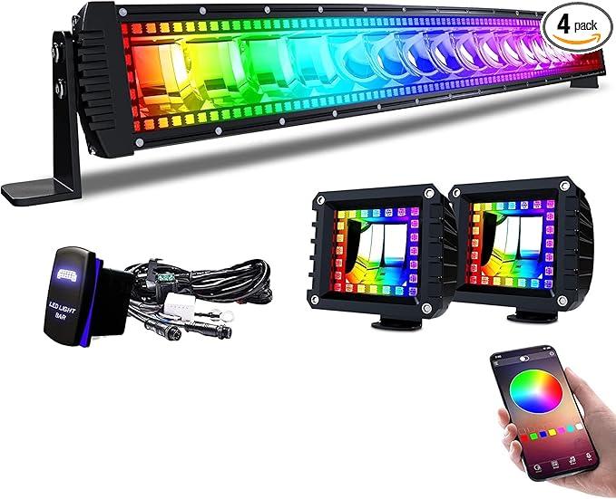Lpteso RGBW Curved LED Light Bar 42Inch 240W Flood Spot Combo Beam 2PCS 4 Inch 18W Flood RGB LED Pods with 16 Solid Colors Chasing RGB Halo Ring Changing with Strobe Flashing with Rocker Switch Wiring