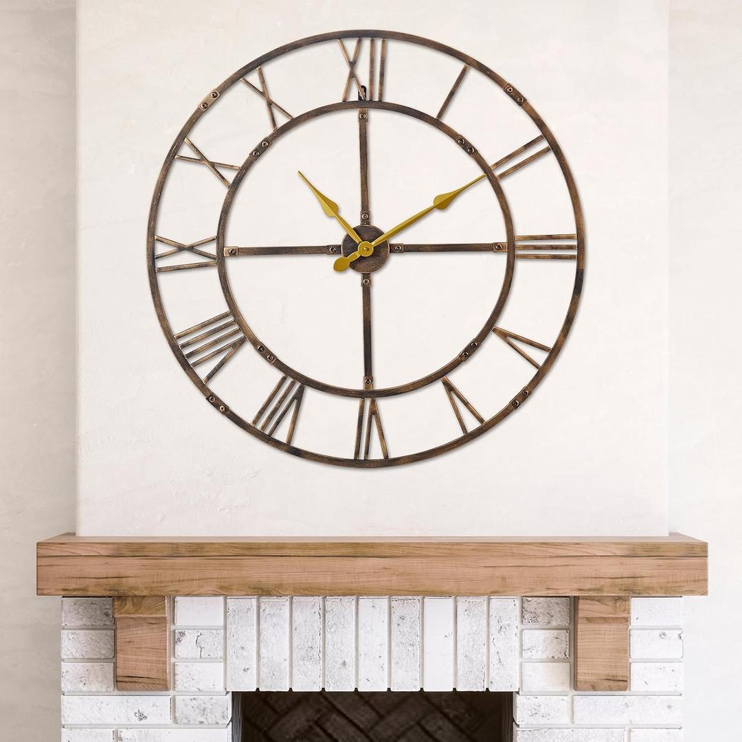 Large Wall Clock for Living Room Decor 40 Inch Knocked-Down (KD) Silent Non-Ticking Modern Farmhouse Wall Clock, Oversized Decorative Metal Roman Numeral Clock, Bronze