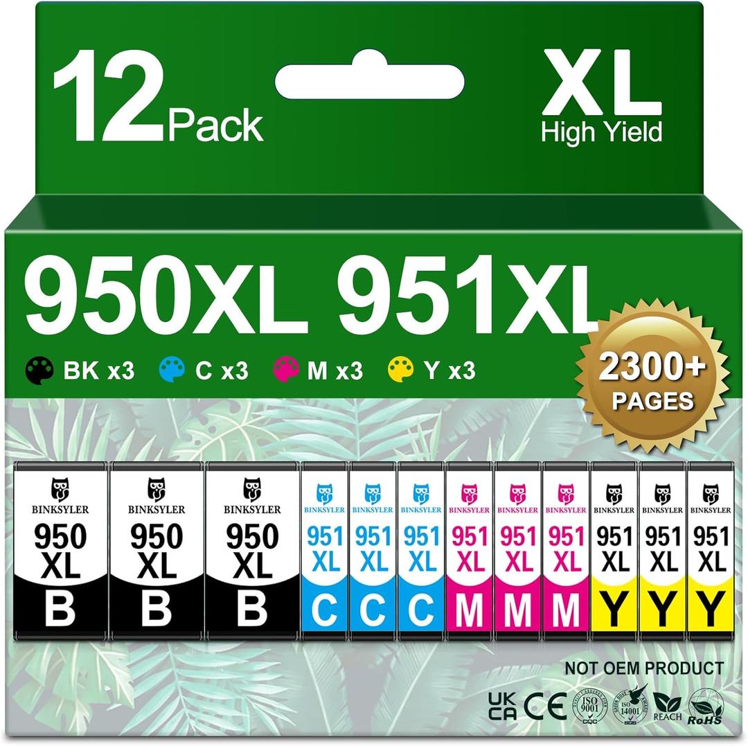 12-Pack 950XL and 951XL Ink Cartridges Compatible for HP 950 951 Ink Cartridge Combo Pack Work for Officejet Pro 8600 8610 8620 8625 8100 Printer (3BK/3C/3M/3Y)