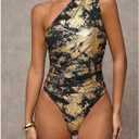 WDIRARA Women's Tie Dye Mesh One Shoulder Bodysuit Metallic Sleeveless Asymmetrical Tank Body Suits, M
