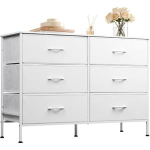 WLIVE Wide Dresser with 6 Drawers, TV Stand for 50" TV, Entertainment Center with Metal Frame, Wooden Top, Fabric Storage Dresser for Bedroom, Hallway, Entryway, White
