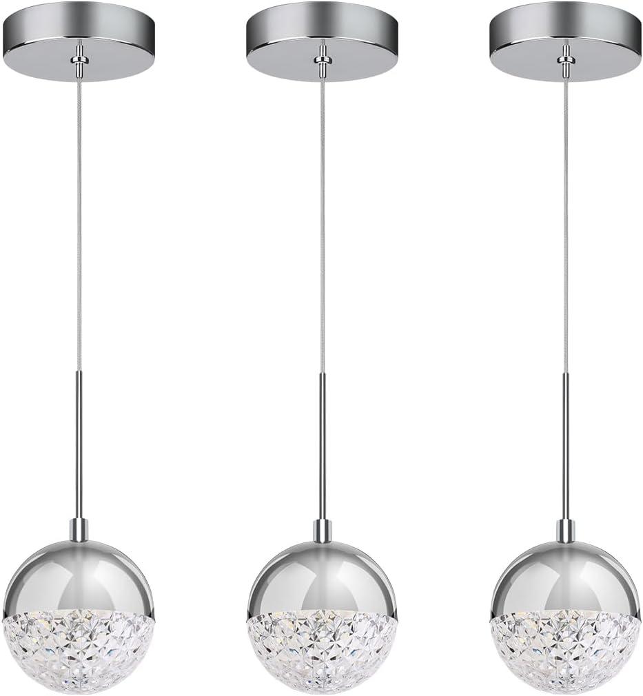 Pendant Lights Kitchen Island Chrome, Height Adjustable Modern LED Pendant Lighting, Crystal Globe Chandelier for Dining Room, 8W, 3000K/4000K/5000K Selectable, Dimmable, ETL 3-Pack
