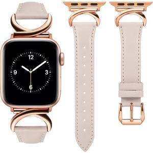 Minyee Leather Bands Compatible with Apple Watch Band 38/40/41/42/44/45/46/49mm Women, Slim Thin Dressy Designer Strap with C-Shape Metal Buckle for iWatch Series 11 10 9 8 7 6 5 4 SE/Ultra 3 2 1 (Starlight/Rose Gold)