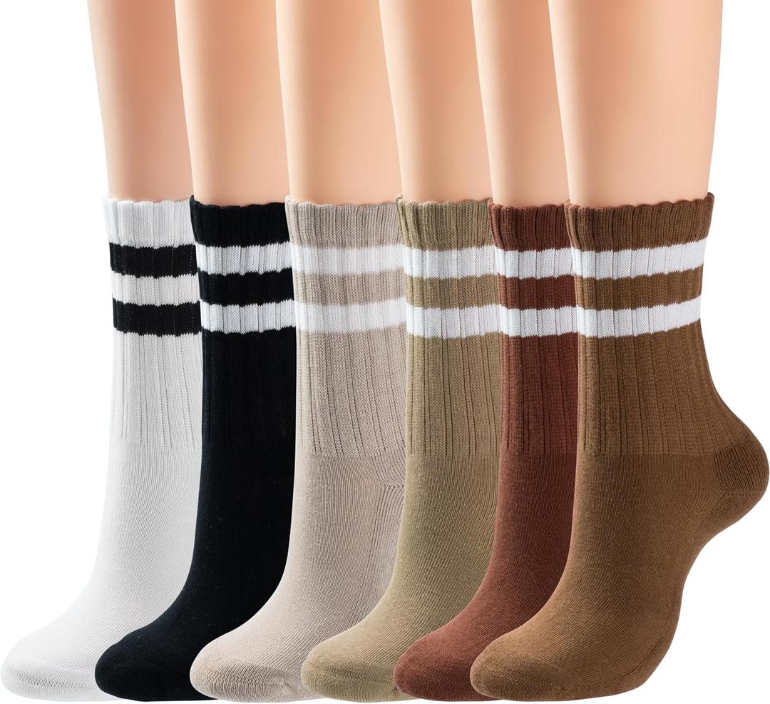 BomKinta Womens Striped Crew Socks - Retro Above Ankle Cotton Sock - Casual Cozy Athletic Style Socks Gifts Size 5-10