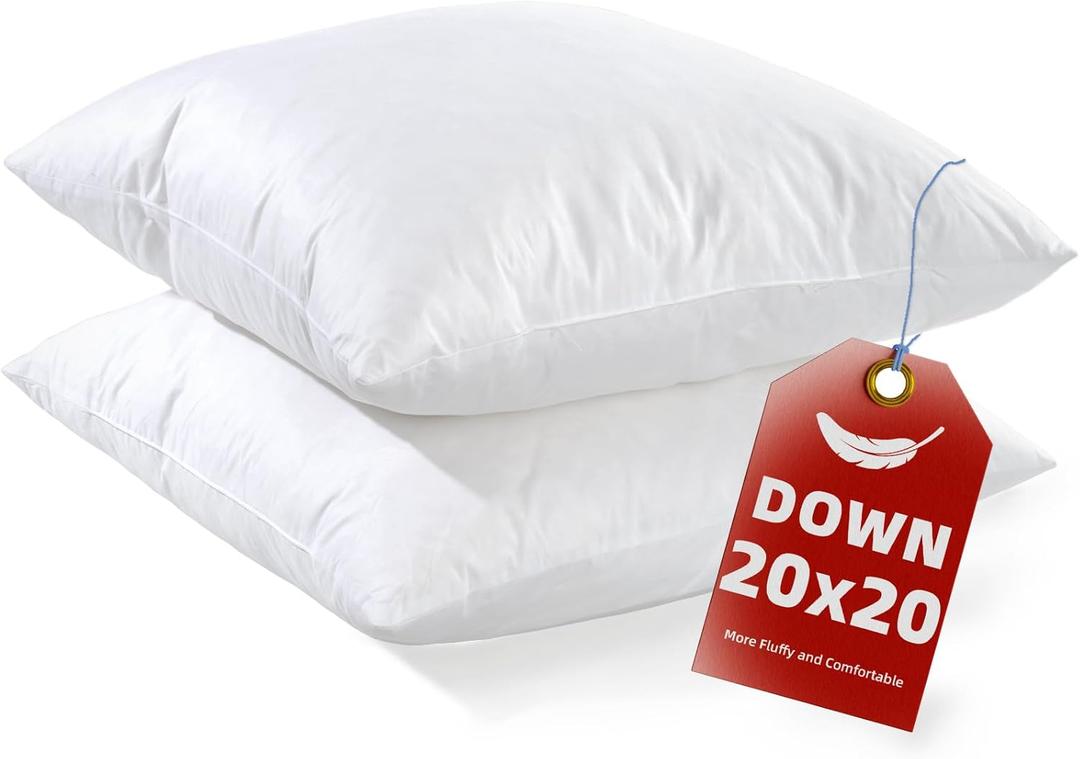 YSTHER Down Feather Throw Pillow Inserts 20x20 Set of 2 Firm Large Lumbar Pillows for Bed Decorative Couch Soft Pillows for Sleeping Indoor White Cotton Pillow Sofa