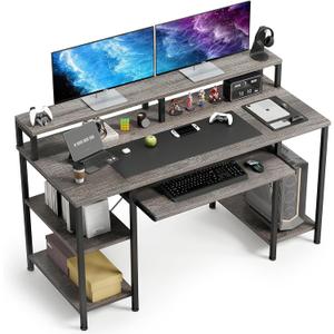 VERMESS Computer Desk- 48 Inch Home Office Desk with Keyboard Tray, 47" Gaming Desk with Full Monitor Stand & Storage Shelves & CPU Stand, Modern Study Writing Table with Shelf for Storage, Gray Oak