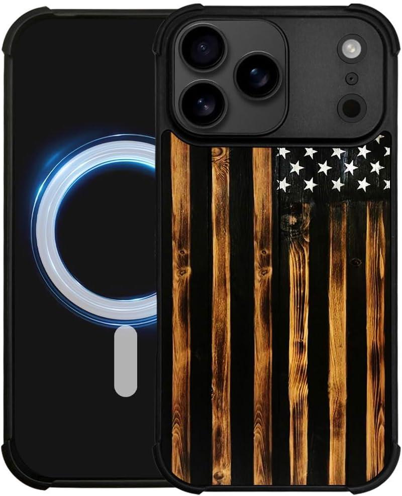 DJSOK Case for iPhone 17 Pro,Compatible with MagSafe,Shockproof Rugged Cover Case,Classic Wood Grain Old Flag