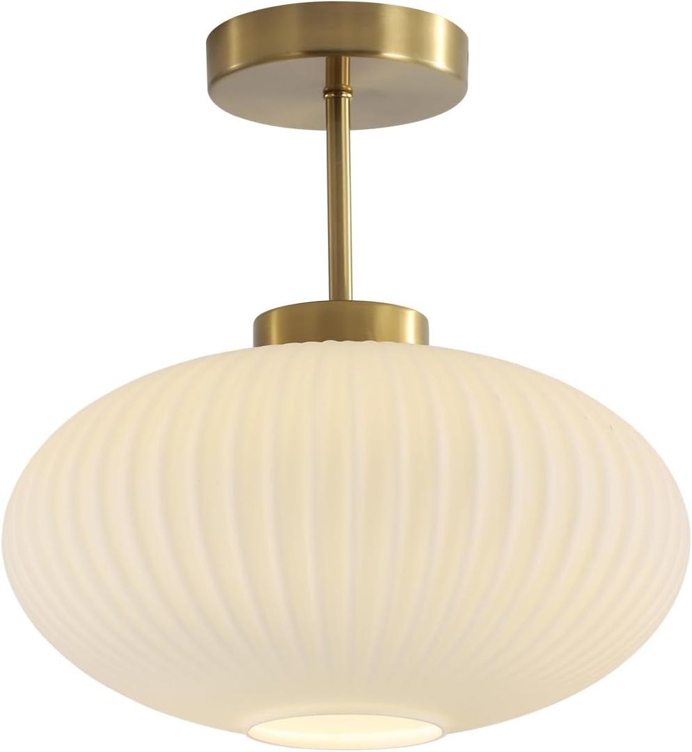 KCO Lighting 11.8 White Ribbed Glass Semi Flush Mount Ceiling Light Large Milk Glass Ceiling Lights Fixture Brushed Gold Flush Mount Bathroom Light Mid Century Modern Entry Lights