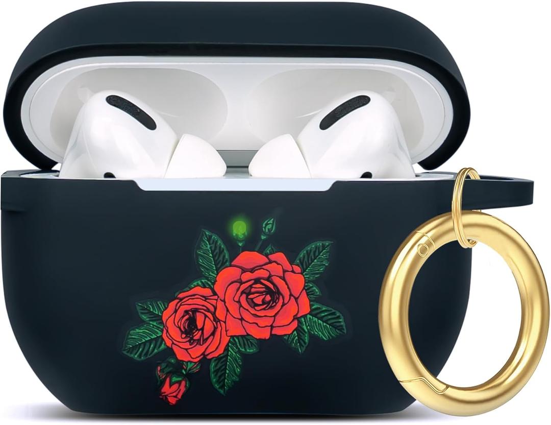 Flower Silicone Compatible with AirPods Pro Case 2019, Gawnock Soft Case Cover Flexible for Print Cover for Women Girls with Keychain - (Black/Rose Flower-1)