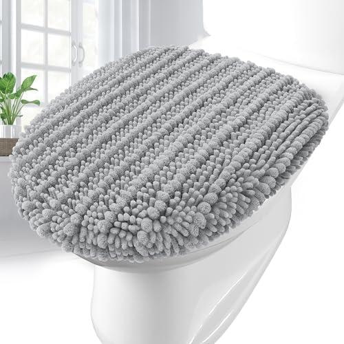 Arotive Soft Chenille Bathroom Toilet Lid Cover 17.5x15, Machine Washable Seat Covers, Stays in Place Non-Slip Backing, Fits Most Round, Elongated and Oblong Lids, Accessories Decor, Light Grey