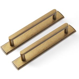 Goo-Ki 2 Pack 5'' Center to Center Antique Brass Cabinet Handles with Backplate Vintage Kitchen Drawer Pulls with Subtle Curves