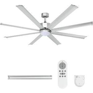 72" Ceiling Fans with Light and Remote, Energy Saving Super Quiet 6-Speed Ceiling Fan with 3CCT Dimmable Light for Farmhouse Gym Garage Indoor Outdoor, 8 Aluminum Blades, Reversible, Silver