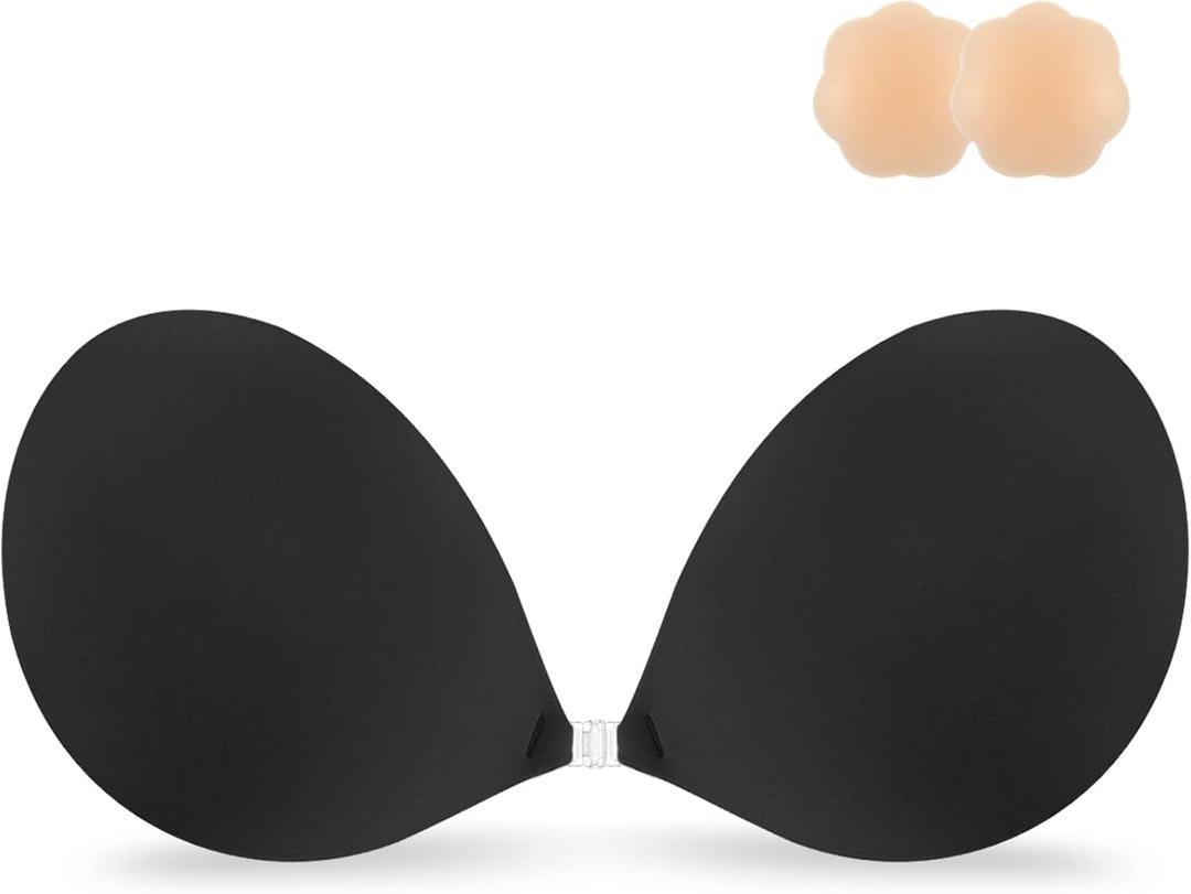 Niidor Adhesive Bra Strapless Sticky Invisible Push up Silicone Bra for Backless Dress with Nipple Covers Black(B Cup)