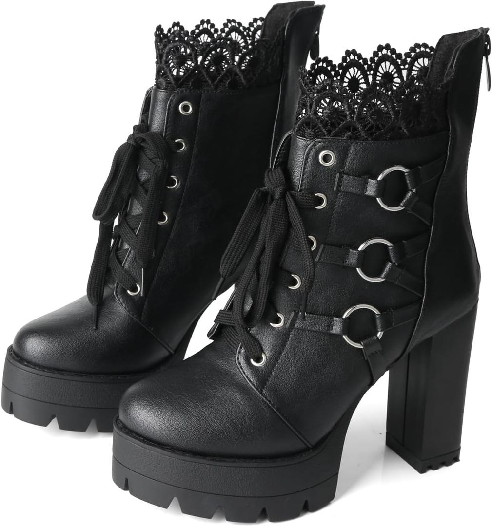 FOREADA Black High Heel Boots For Women Platform Goth Chunky Heeled Boot Combat Booties Lace Up Ankle Boot with Zipper (9)