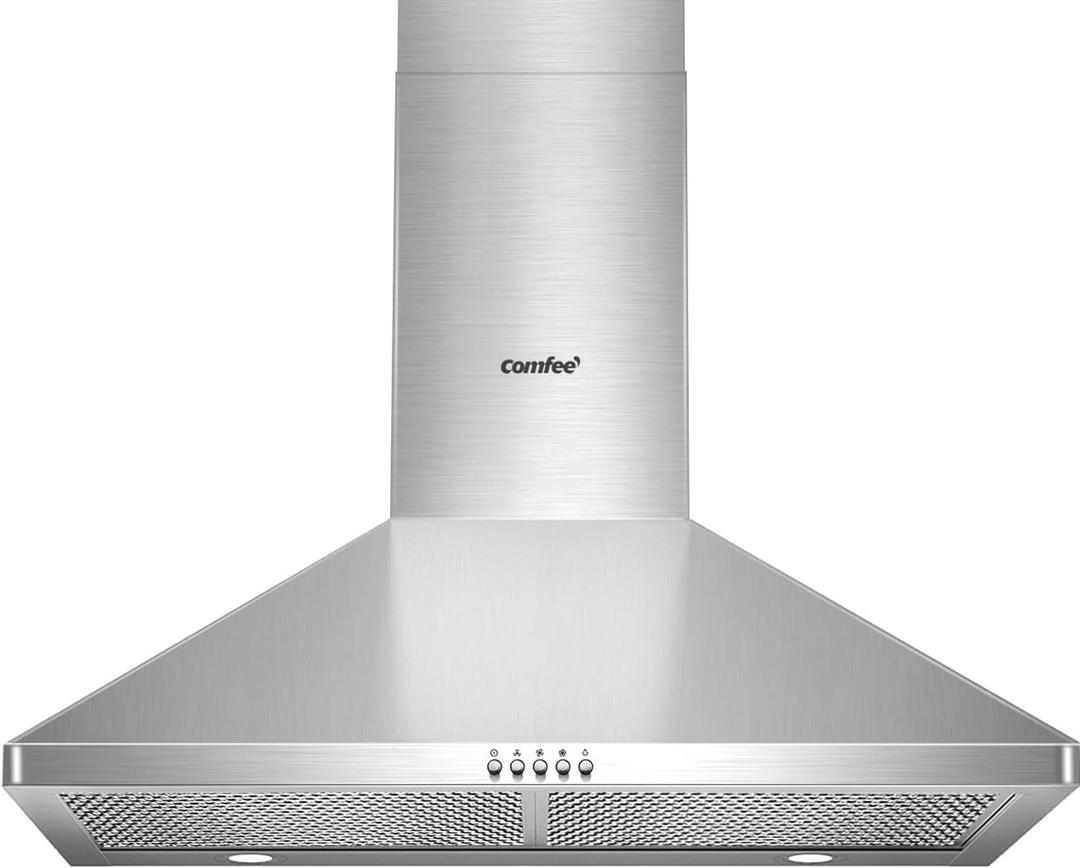 COMFEE' Wall Mount Range Hood 30 Inch, 450 CFM Ducted/Ductless Convertible
Stainless Steel Chimney-Style Vent Hood, 3-Speed Exhaust Fan with 2 LED Lights and 5-Layer Aluminum Permanent Filters