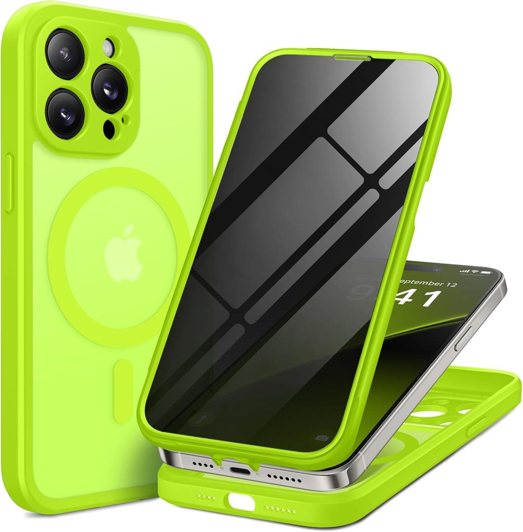 BERFY for iPhone 14 Pro Max Case, Compatible with MagSafe, Built-in Privacy Screen Protector, Camera Protection, Shockproof Full Body Phone Case 6.7", Translucent Neon Green