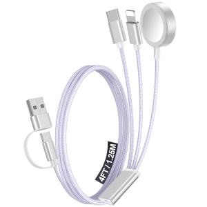 1Pack Multi Charging Cable Cord for Travel Essentials,Apple Watch Charger,iPhone Charger,[3-in-2] Type C/L Cable Portable Designed for iWatch,iPhone 17-8,Galaxy S25-21,AirPods,iPad-4FT Purple