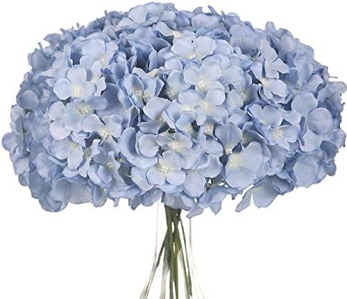 10PCS Silk Hydrangea Heads with Stems Artificial Flowers for Wedding Party Home Decor (Blue)