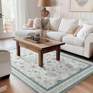EVERGRACE Area Rugs for Living Room 5x7, Boho Floral Faux Wool Indoor Outdoor Rugs, Washable Rugs for Bedroom Dining Room Entryway Kitchen, Low Pile Floor Mat Carpet for Home Decor, Pale Blue