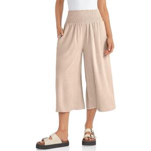 TARSE Womens Linen Palazzo Capri Pants Boho Summer Smocked High Waist Wide Leg Casual Loose Trousers with Pockets Flowy Pants (White, XXL)
