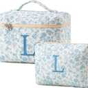 HBselect 2Pcs Initial Quilted Cotton Large Travel Cute Floral Coquette Makeup Cosmetic Toiletry Bag for Women Girls