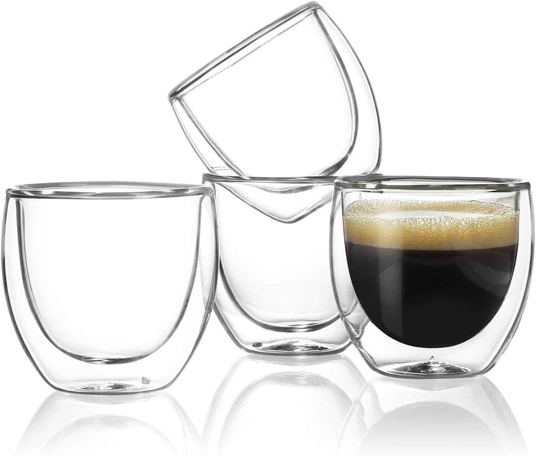 Sweese Espresso Cups Set of 4, Double Walled Glass Coffee Cups 4 Ounce, Insulated Espresso Shot Glass Cups for Espresso Accessories, Clear Glass Espresso Cups Suit for Espresso Machine