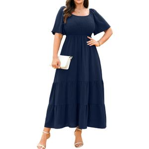 RWJ Women's 2026 Plus Size Summer Dress Short Sleeve Smocked Boho Wedding Guest Beach Vacation Floral Maxi Dresses (Blue, XXXL)