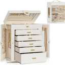 AKOZLIN Jewelry Box 6-Tier Organizer Functional 360 Rotating Jewelry Storage Case for Women Girls Ring Necklace Earring Bracelet Holder with Mirror (Extra Large-Rotating, White)
