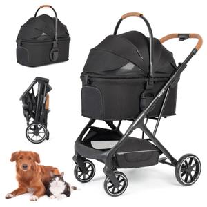 T6 Luxury Pet Stroller for Medium Dogs Up to 66lbs or 2 Small Pets  3-in-1 Dog & Cat Stroller with Removable Carrier, Foldable & Lightweight (Black)