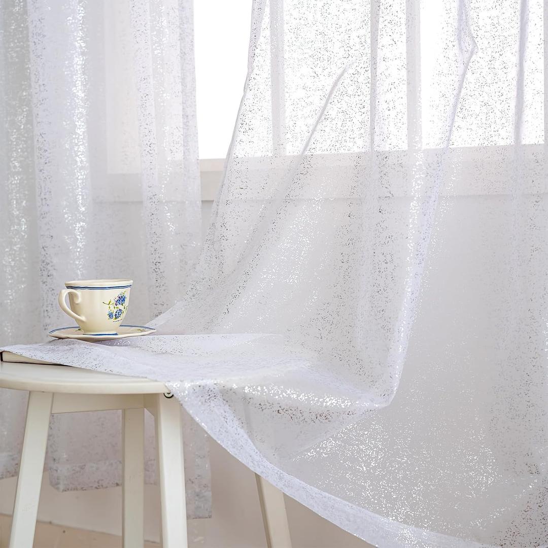 Foil White Sheer Curtains for Living Room 84 Inches Long 2 Panels Set, Modern Silver Printing Shiny Privacy Window Curtains, Light Filtering Sheer White Curtains for Bedroom, 54X84Dt