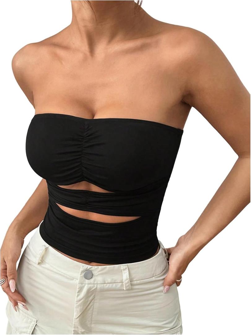 Floerns Women's Cut Out Ruched Bust Strapless Y2k Tube Sleeveless Bandeau Top (Black, L)