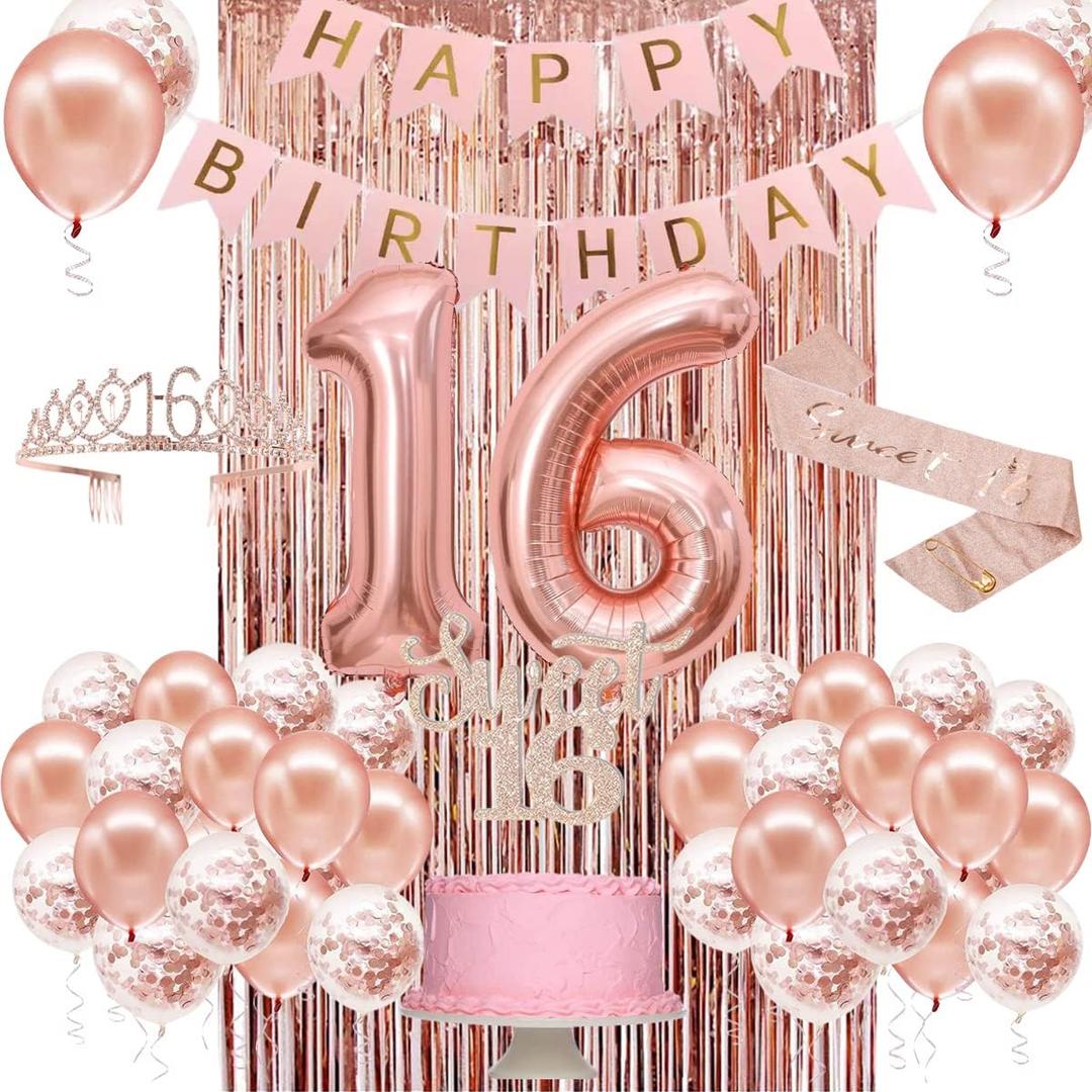 Sweet 16 Party Decorations for Girls, Happy 16th Birthday Banner Cake Topper Balloons Sash and Tiara, Rose Gold 16 Birthday Party Supplies for Girls