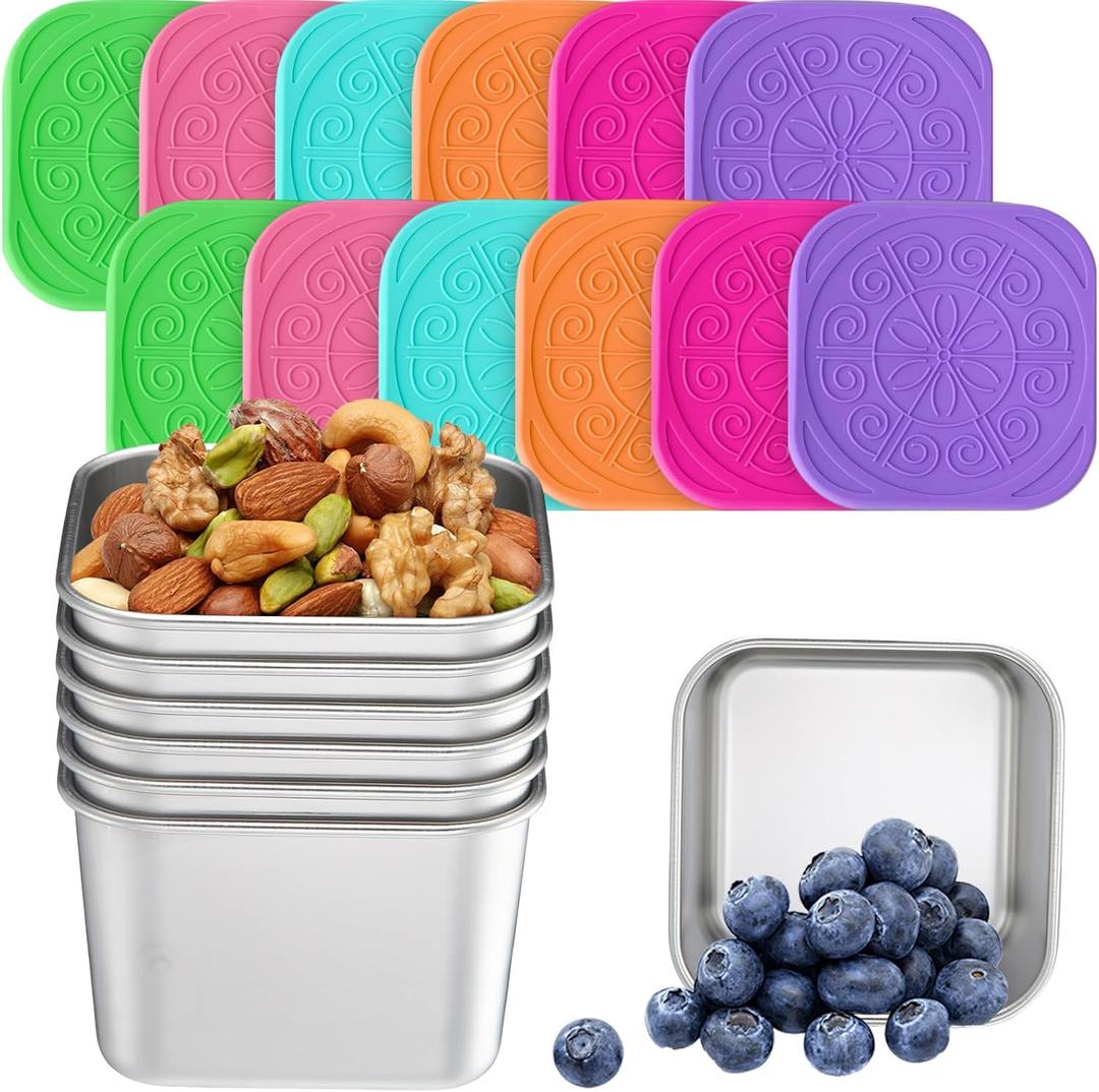 12 Pack 6 oz Stainless Steel Snack Containers Leak Proof Small Metal Food Snack Storage Container with Silicone Lid Stackable Reusable Metal Lunch Boxes for Daycare Travel Picnic Camp