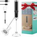 HAUSHOF Powerful Rechargeable Milk Frother Wand with Stand, Handheld Electric Foam Maker, Drink Mixer with 2 Detachable Stainless Steel Whisks 2 Speeds for Coffee Latte, Cappuccino, Matcha, Black