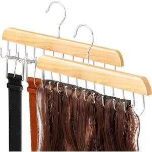 2 Pack Wood Hair Extension Holder for Hair Storing, Washing, Drying, Coloring, Styling, Foldable Hair Extension Hanger, Braiding Hair Rack, Rotating Multi-Purpose Hooks Hanger