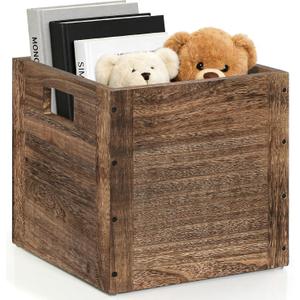 Wood Storage Cube for Home Organizer, Wooden Basket Cube Storage Organizer with Handle, Wood Crates for Storage Books Clothes Toys, Farmhouse Wooden Storage Box Brown Wooden Crate Cube Shelf